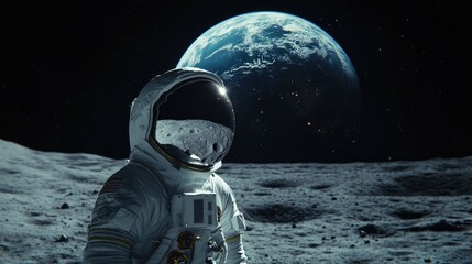 An astronaut on the moon, helmet reflecting the sight of a large, earth-like planet, emphasizing the grandeur and mystery of space.