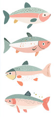 Naklejka premium Illustration of fish on a white background with various fish, including tuna, salmon, and a cartoon shark