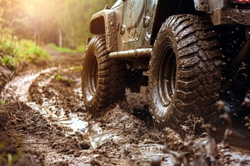 Off-Road Adventure: Rugged Vehicle Traversing Muddy Terrain with Aggressive Tire Treads