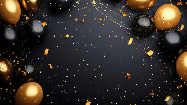 luxury holidays background with black,golden balloons, confetti, sparkles, lights. anniversary. banner for birthday, party, topp view. flat lay, highly detailed image