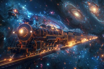 Vintage Steam Locomotive Train Speeding Through Space Wallpaper, Sci-fi Railway Track Background, Futuristic Travel and Tourism Backdrop