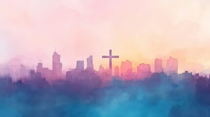 watercolor skyline ethereal cross overlay soft pastel hues misty atmosphere