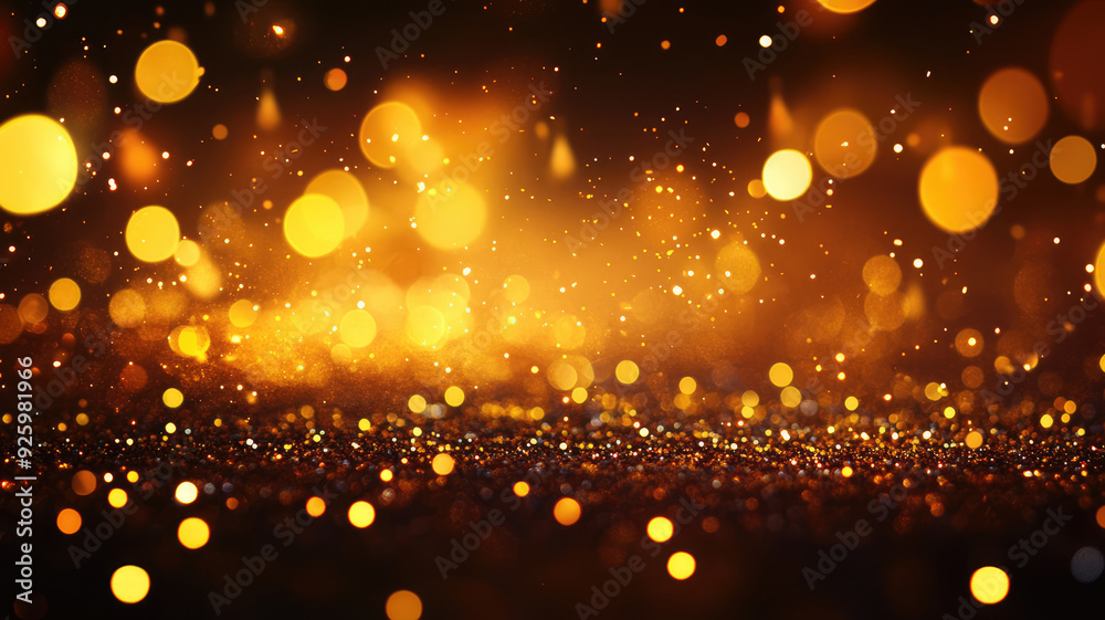 Wall mural gold bokeh light background, christmas glowing bokeh confetti and sparkle texture overlay for your d