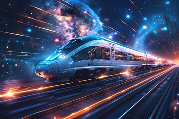 High-Speed Rail Train Speeding Through Space Wallpaper, Sci-fi Monorail Track Background, Futuristic Travel and Tourism Backdrop