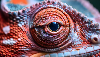 Fototapeta premium panther, chameleon, auge, close up, neu, tier, orange, pink, indie, stil, schön, detail, photo, leuchtend, farbe, reptil, werbung, halloween, bunt, pastel, rosa, orange, y2k, aesthetic, boho, bohemian
