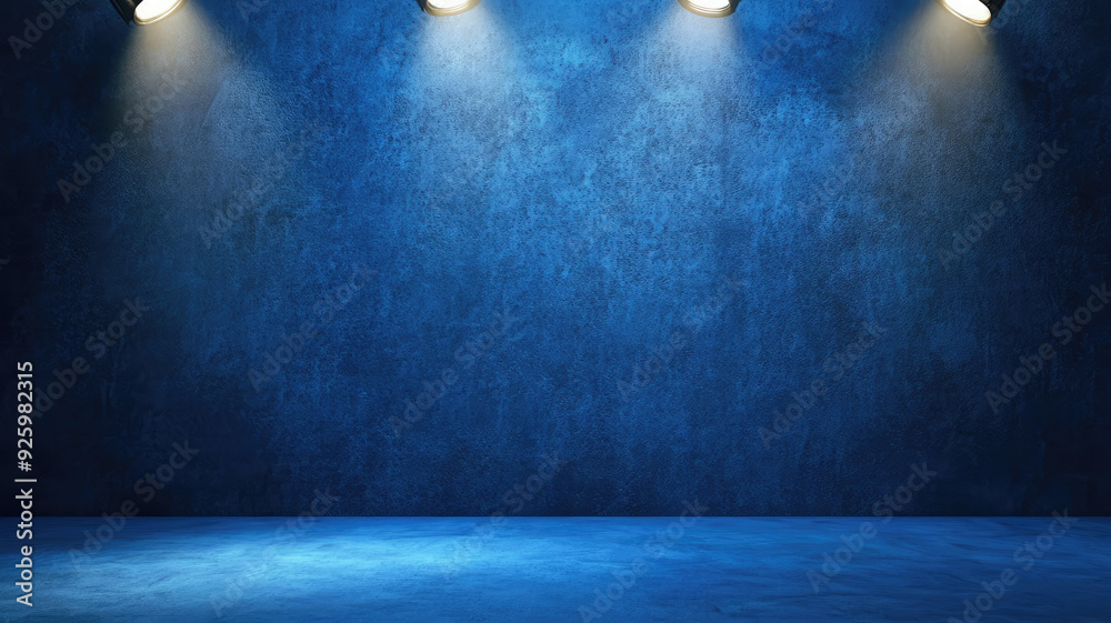 Poster empty blue background and spotlight with studio for showing or design. blank backdrop made from ceme