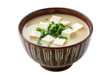 A delicious bowl of tofu soup garnished with fresh green onion, perfect for a healthy meal or comforting dish.