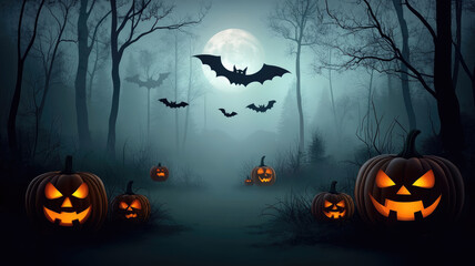 halloween spooky background, scary jack o lantern pumpkins in creepy dark forest with bats, spooky trees and moon, happy haloween ghosts horror gothic mysterious night
