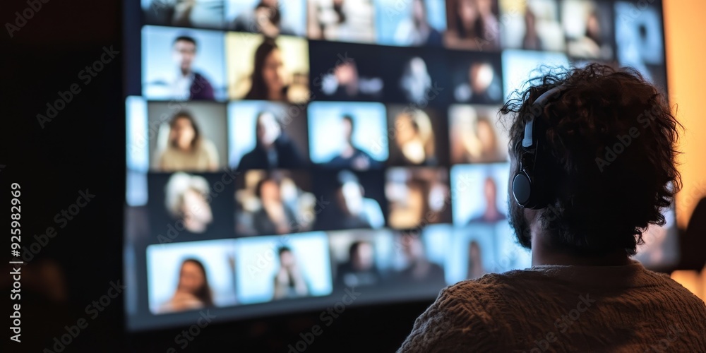 Aufkleber Close-up of a video conference screen with an instructor and students participating in a virtual class, illustrating the modern approach to remote learning