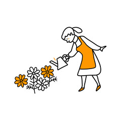 illustration of a woman watering flowers