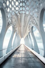Obraz premium Futuristic architectural corridor with intricate geometric designs and a scenic view, showcasing modern innovation and creativity.