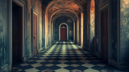 A decaying corridor in an abandoned mansion, with peeling walls and checkered flooring, bathed in soft light, evoking a haunting, nostalgic atmosphere.