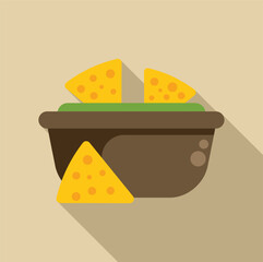 Bowl of guacamole dip with tortilla chips flat design icon with long shadow