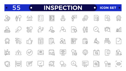 Inspection web icons set in thin line design. Pack of inspection, hire, calculation money, coaching, protection, cooperation, success, task, other outline stroke pictograms.