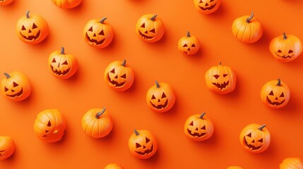 Halloween Jack-o-Lantern Pumpkins Pattern on Orange Background.