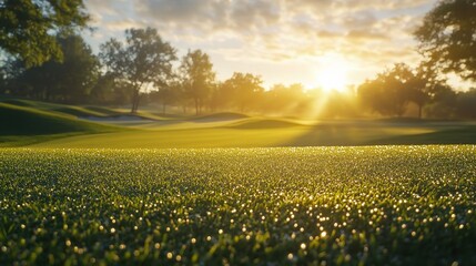 Golden Sunrise on the Golf Course: Serene landscape photography showcasing a picturesque golf course bathed in the warm glow of sunrise. Dew-kissed grass sparkles under the golden light.
