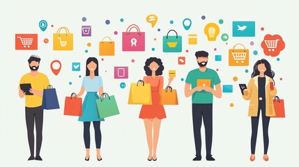 Colorful illustration of shoppers with bags interacting with digital shopping icons, showcasing modern consumer behavior.