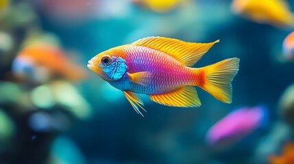 Brightly colored fish swim gracefully in a lively home aquarium