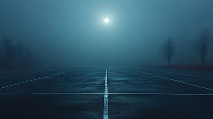 A deserted parking lot under the moonlight, enveloped in fog, creating a mysterious and surreal atmosphere.
