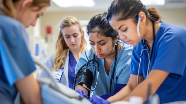 Students engage in hands-on medical practice, examining a patient and discussing findings with focused expressions of learning and teamwork