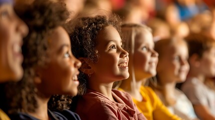 A young girl with curly hair smiles as she sits in a crowd of people, looking up at something out of frame.