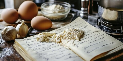 Detailed view of handwritten recipe notes and cooking tips next to prepared ingredients, emphasizing the personal touch in recipe development