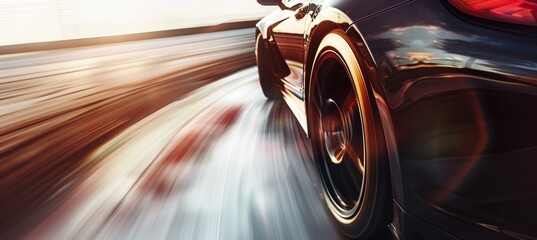 High-Speed Red Sports Car Taking a Sharp Corner on Race Track at Sunset