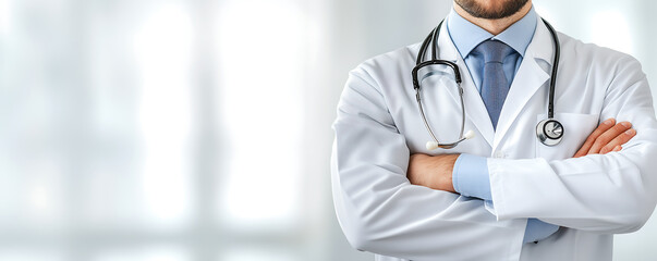 Doctor in white coat with stethoscope and crossed arms with Copy Space for Custom Text Graphic