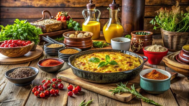 bold colorful rustic country kitchen farmhouse table family style serving traditional South African bobotie savory spices golden crust warm inviting atmosphere
