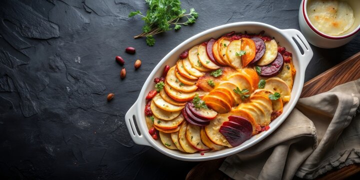 Gratinado de papas, batatas y nabos en una fuente ovalada blanca, servido sobre un fondo oscuro. Un plato rústico y delicioso, ideal para cenas familiares.