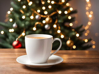 Stylish white cup on wooden table against stylish festive christmas tree with golden lights. Space for text. Cup mock up, christmas advertising product template