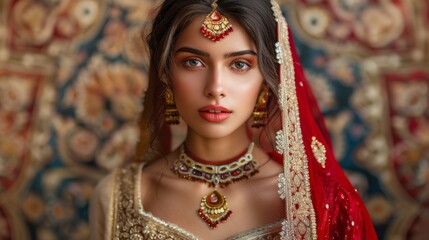A striking young woman showcases intricate jewelry and elegant attire, exuding grace and confidence in a richly decorated environment