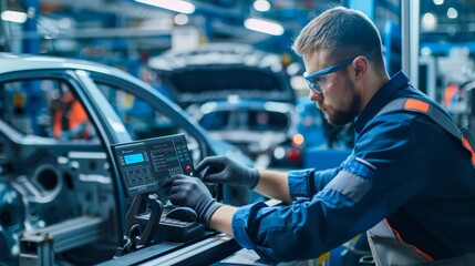 Engineer Updating Car's Computer System on Modern Assembly Line - Advanced Automotive Technology