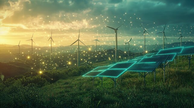 Glowing solar panels and wind turbines on a green hillside with digital energy connections symbolizing renewable energy and smart technology for a sustainable future