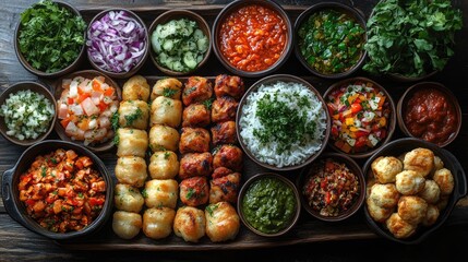 Fototapeta premium Close-up of a Street Food Platter Featuring a Variety of Vibrant Dishes