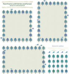 色鉛筆で描いた、森と鳥のテキストフレームセット