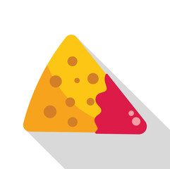 Single tortilla chip covered in salsa or hot sauce with long shadow