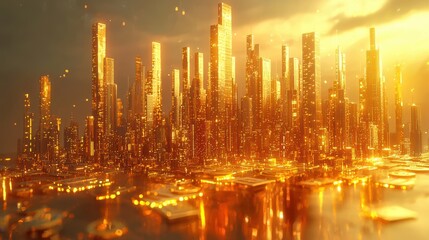 Glowing futuristic skyscrapers under a golden sunset symbolizing rapid urban development and the potential of a technologically advanced future