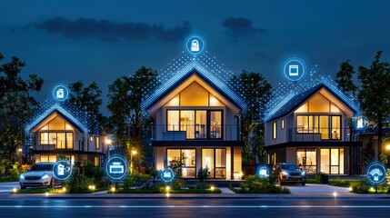 Modern homes illuminated at night with smart technology icons representing connectivity and security features.