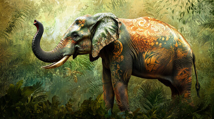 Fototapeta premium A majestic elephant stands in the lush green jungle, its trunk raised in greeting or curiosity. --ar 16:9 --v 6.1 Job ID: 9985d52e-eab7-4247-8250-05a06436c7fb