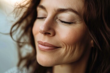 Middle aged mature woman with eyes closed enhoying her agge and glowing healthy skin aging gracefully