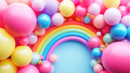 , rainbow and colorful balloons. birthday party 3d background. mockup, template for greetiing card, high quality image