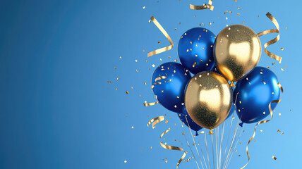 celebration, birthday, wedding, ballons blue golden, golden ribbons, flying on the top of image, blue background, texture, card, high quality image