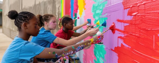 Group of young activists painting a mural promoting HIVAIDS awareness, vibrant colors, and powerful messages in an urban setting