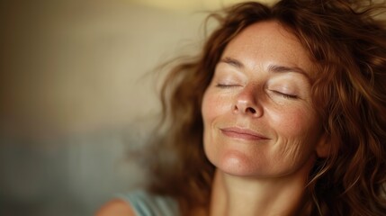 Obraz premium Middle aged mature woman with eyes closed enhoying her agge and glowing healthy skin aging gracefully