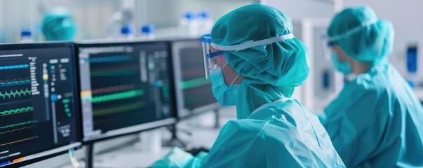 HIVAIDS data being entered into a sophisticated software system, a meticulous process in a sterile, high-tech lab