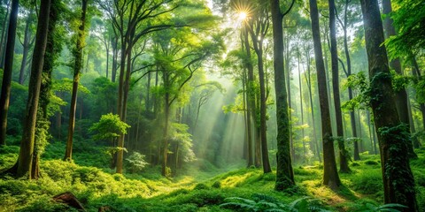 Naklejka premium A lush forest with tall trees and abundant greenery providing fresh oxygen and improving air quality, green lungs, nature