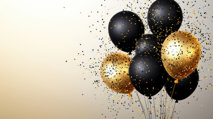 gold black balloon confetti background for graduation birthday happy new year opening sale concept, usable for banner poster brochure ad invitation flyer template, detailed high resolution image