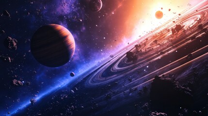 Planet with Ring System and Asteroids.