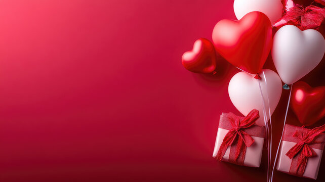 valentine's day gifts with hearts ballons and copyspace, saint valentine and love background concept, blank space, hd, high definition image